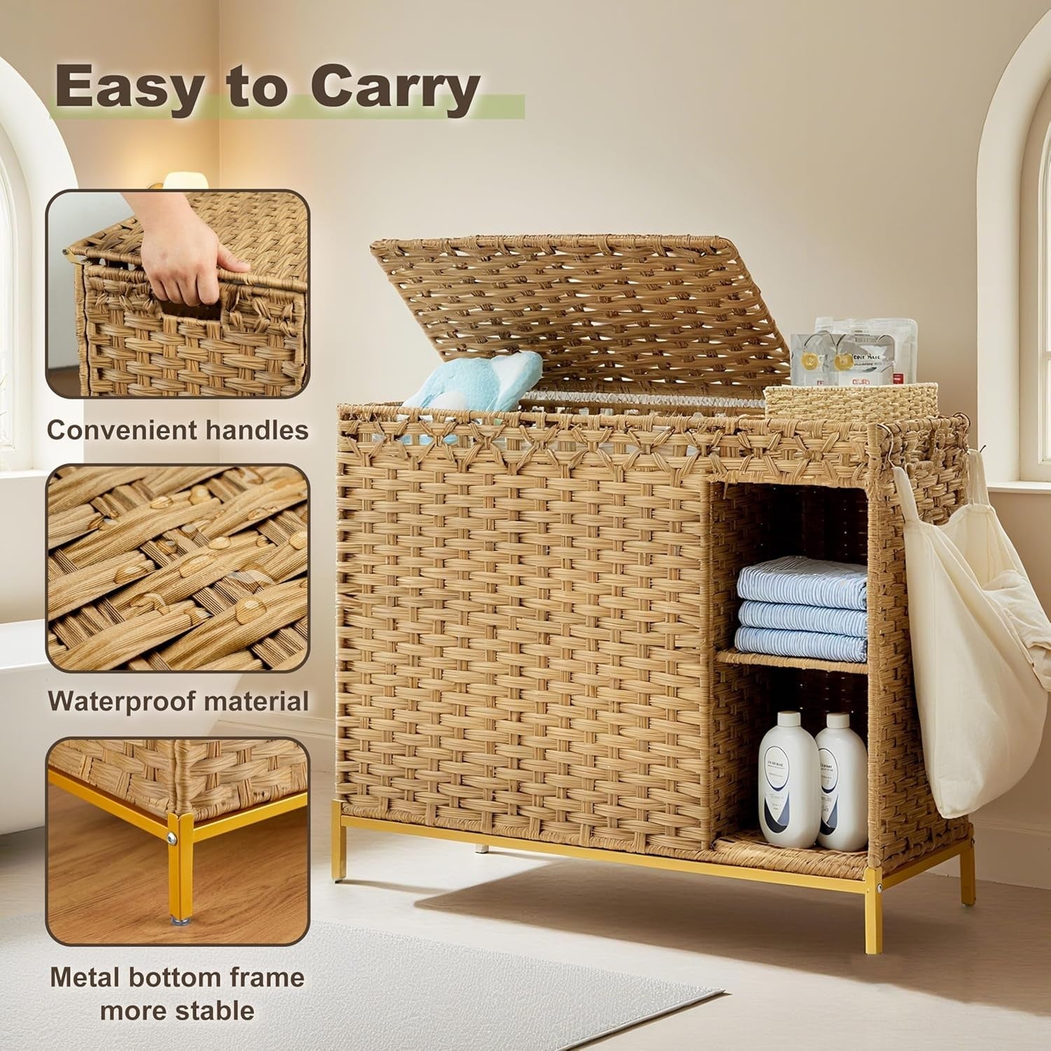 130L Rattan Laundry Hamper 3 Section with Lid 4 Bags Wicker Storage Shelf Unit