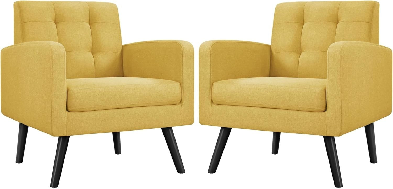 2x Yellow Accent Armchairs | Mid Century Tufted Lounge Chairs Set