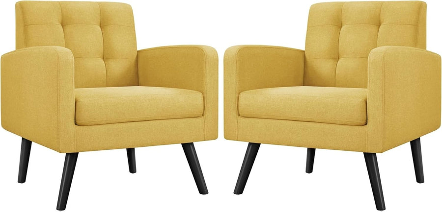 2x Yellow Accent Armchairs | Mid Century Tufted Lounge Chairs Set