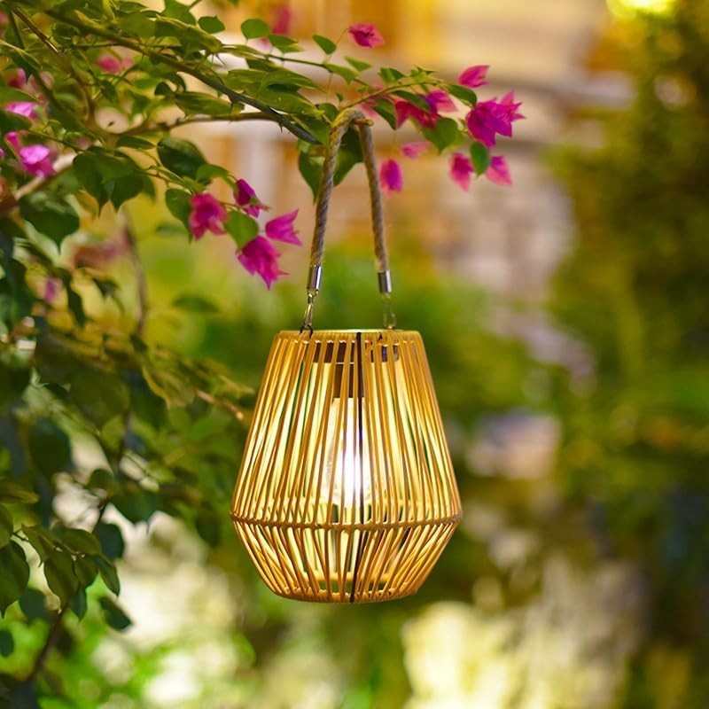 Japanese Hanging Solar Lantern – Rattan Outdoor Garden Light (Size K)