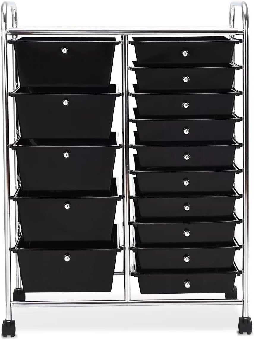 Black 15 Drawer Rolling Storage Trolley Beauty Office Organizer Cart