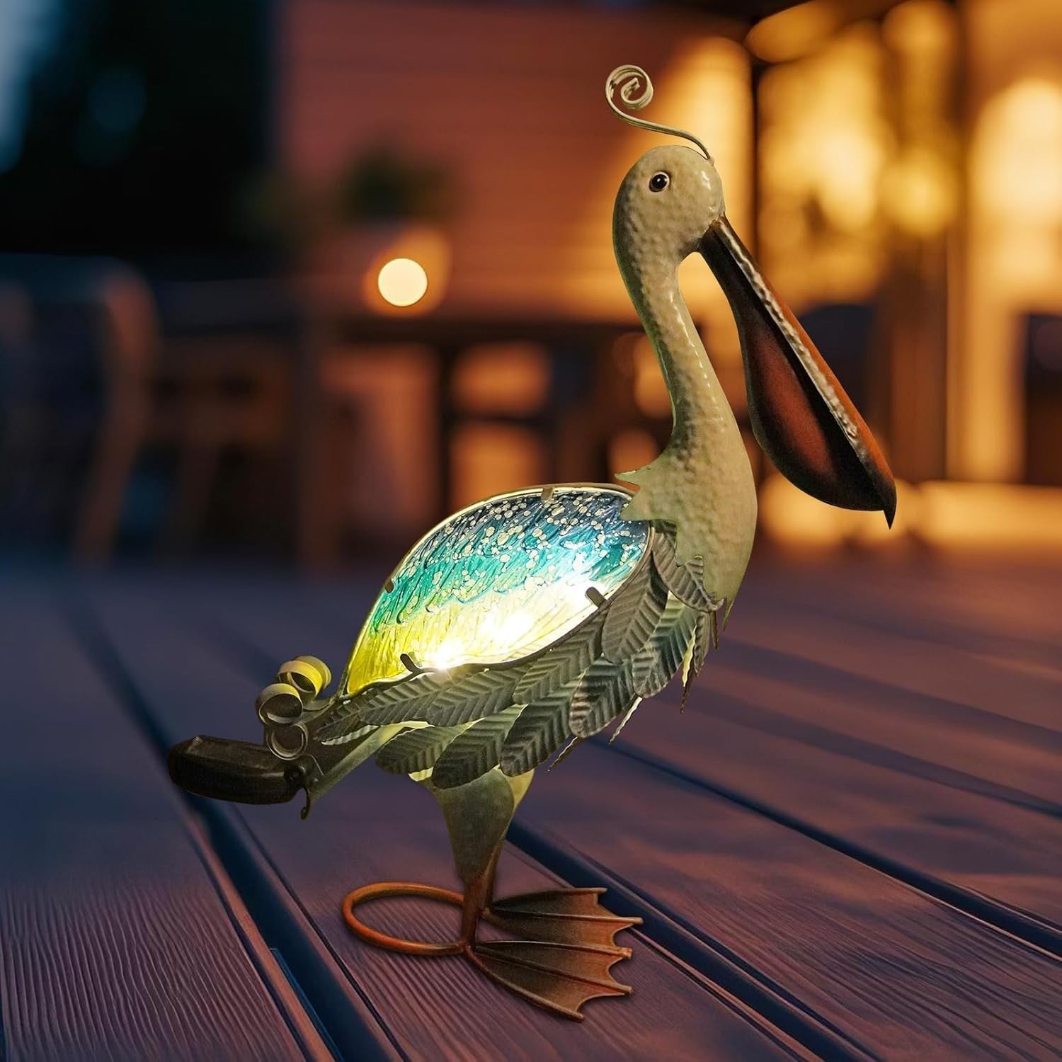 Solar Metal Pelican Garden Ornament LED Light Outdoor Coastal Decor 19"