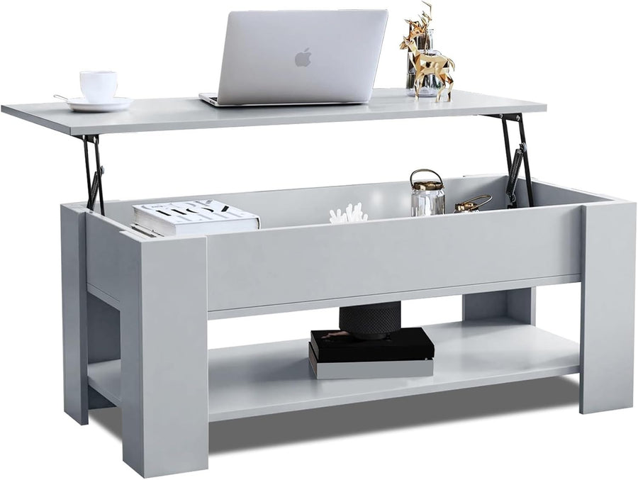 Lift Top Coffee Table with Hidden Storage – Grey Wooden Table 100x50cm