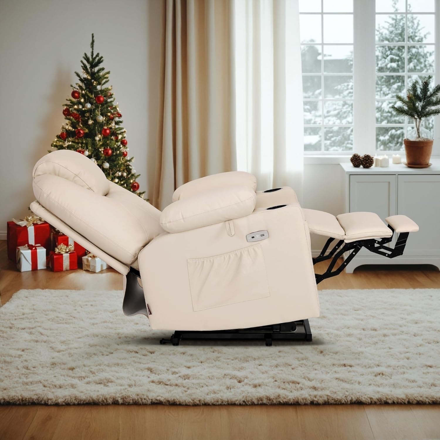 Cream Riser Recliner Chair Lift Assist Heated Massage USB Faux Leather