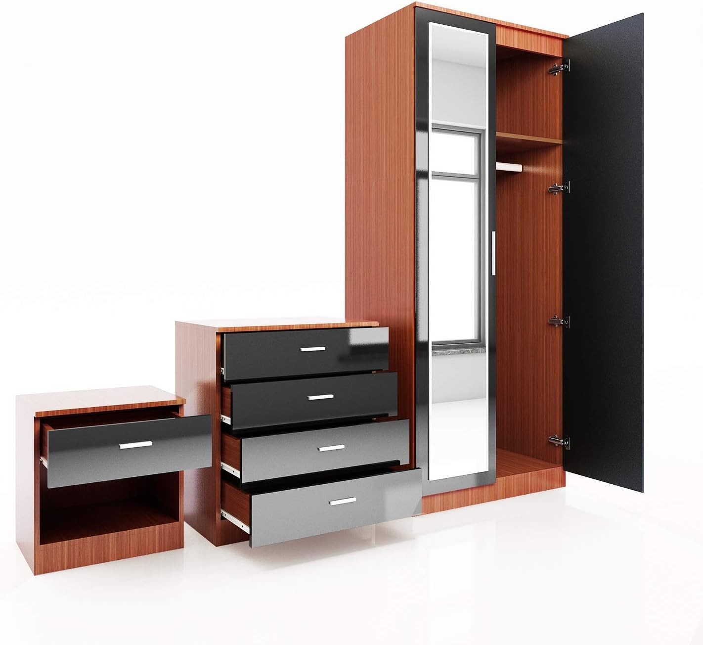 2 Door Mirrored Wardrobe Black/Walnut High Gloss Closet Storage Unit
