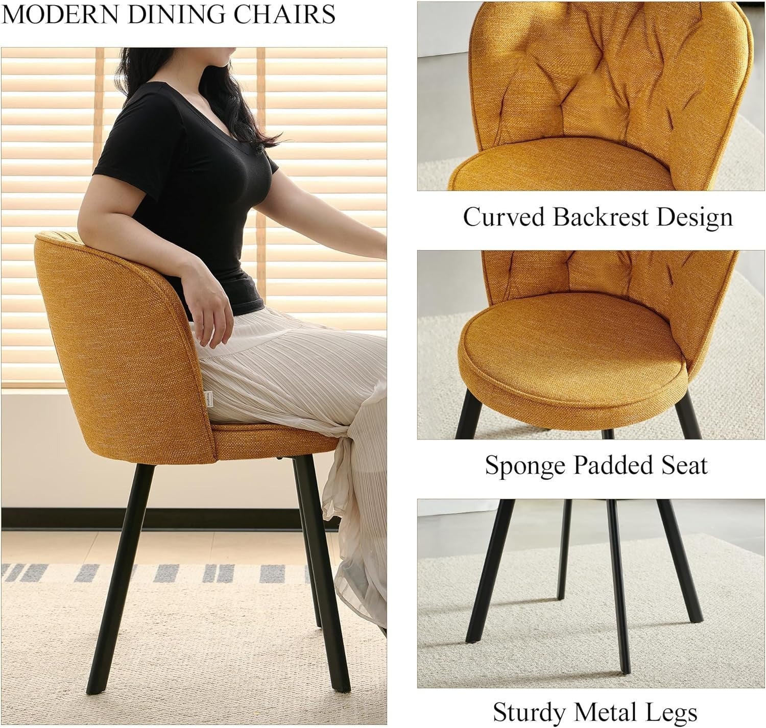 4 Orange Velvet Dining Chairs & Black Marble Round Table Set for Kitchen