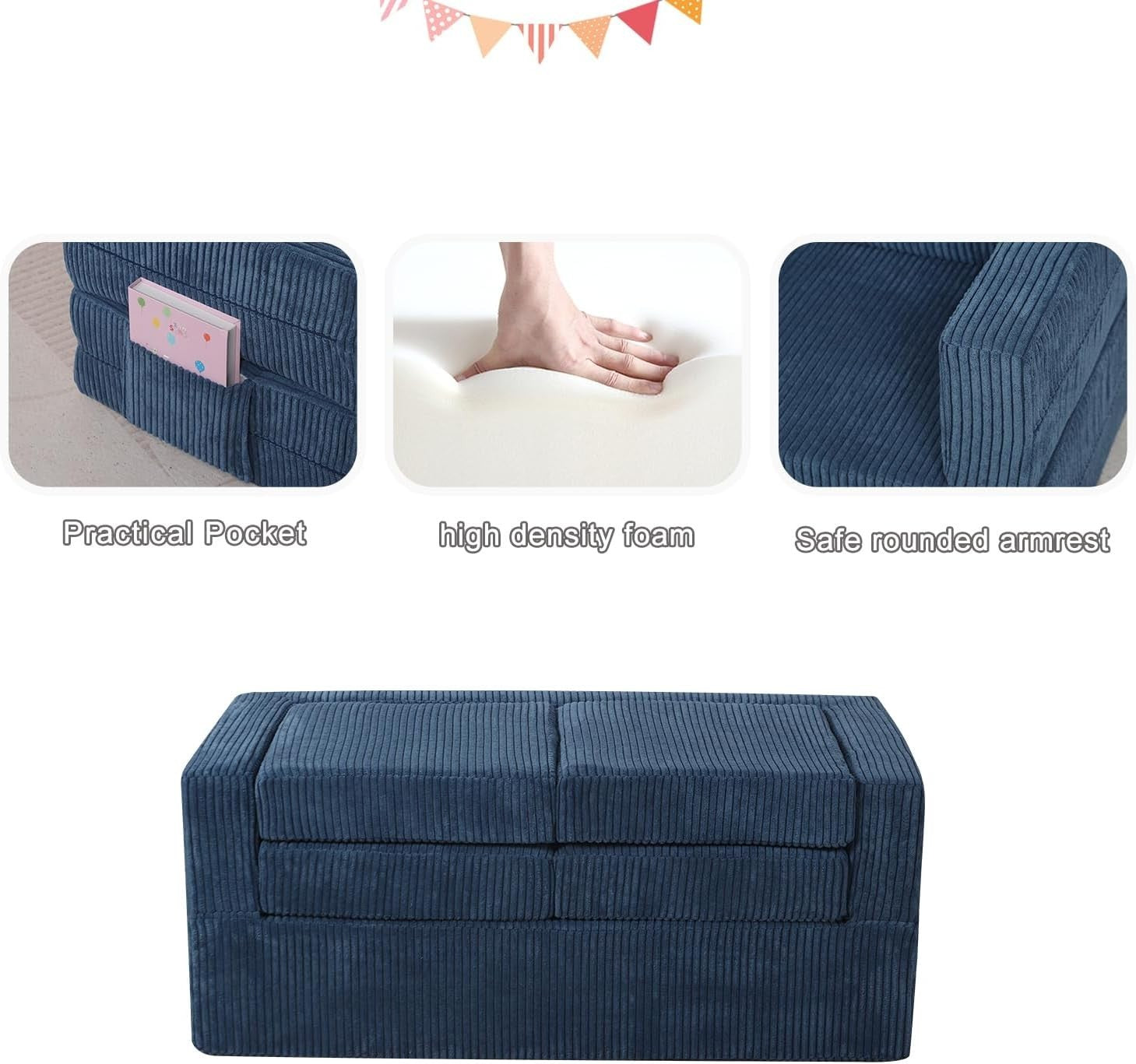 Kids Sofa Bed 2-Seater Foam Couch with Cushions, Versatile Play & Rest Blue