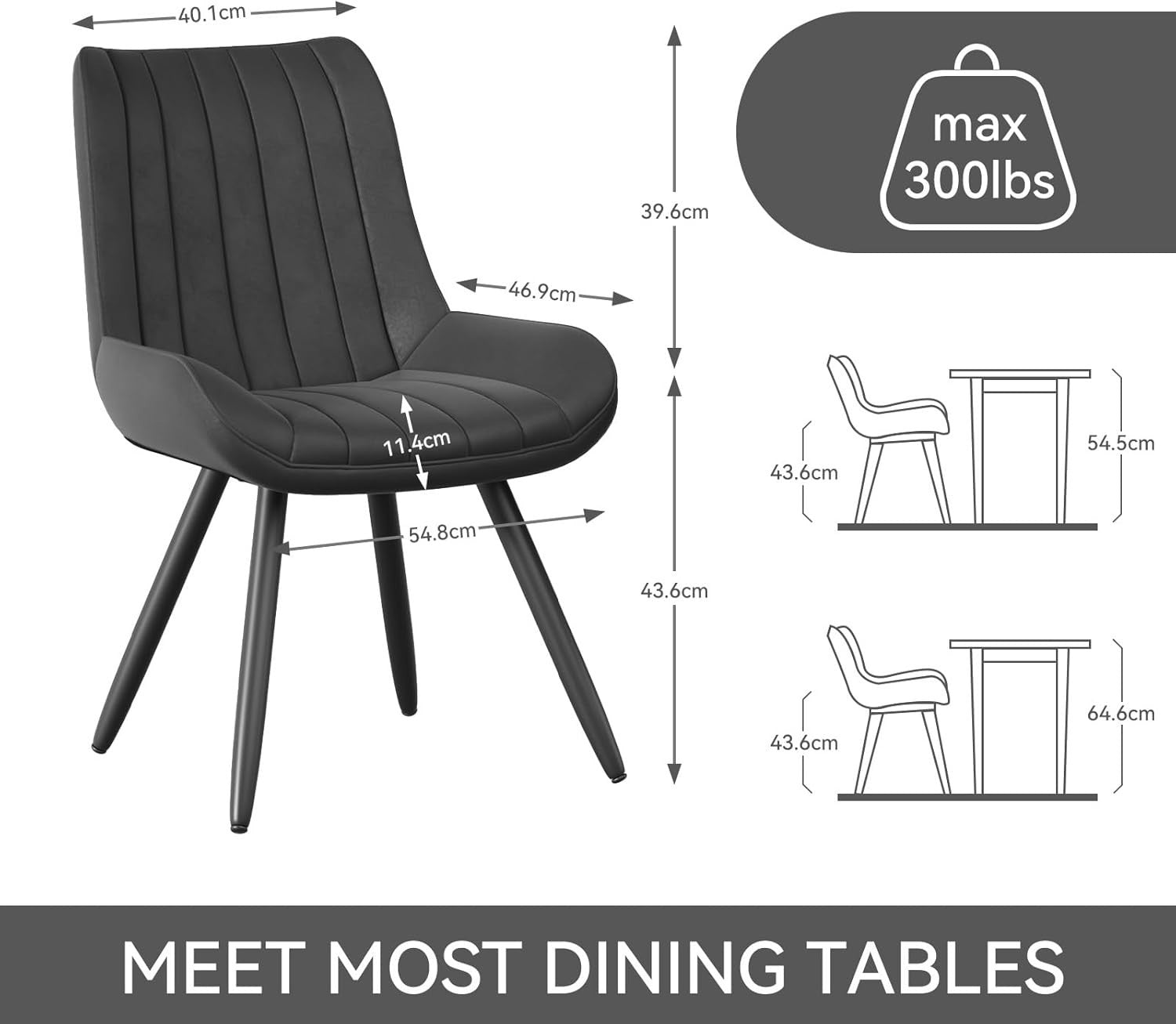 2 Black Upholstered Dining Chairs Modern Padded Seat Metal Legs Kitchen