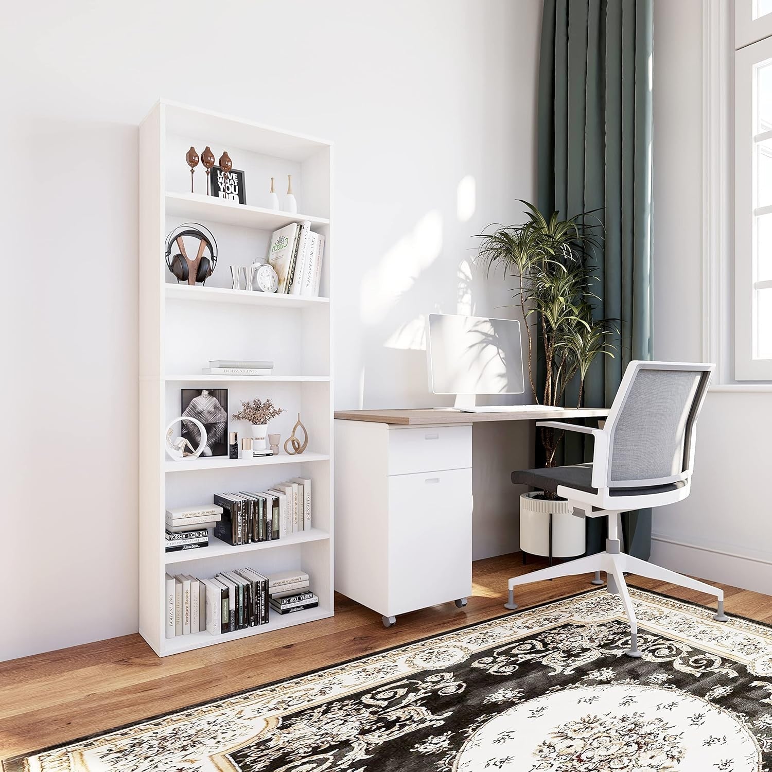 6-Tier Tall White Bookcase Large Wooden Storage Shelf Unit Modern Home Display