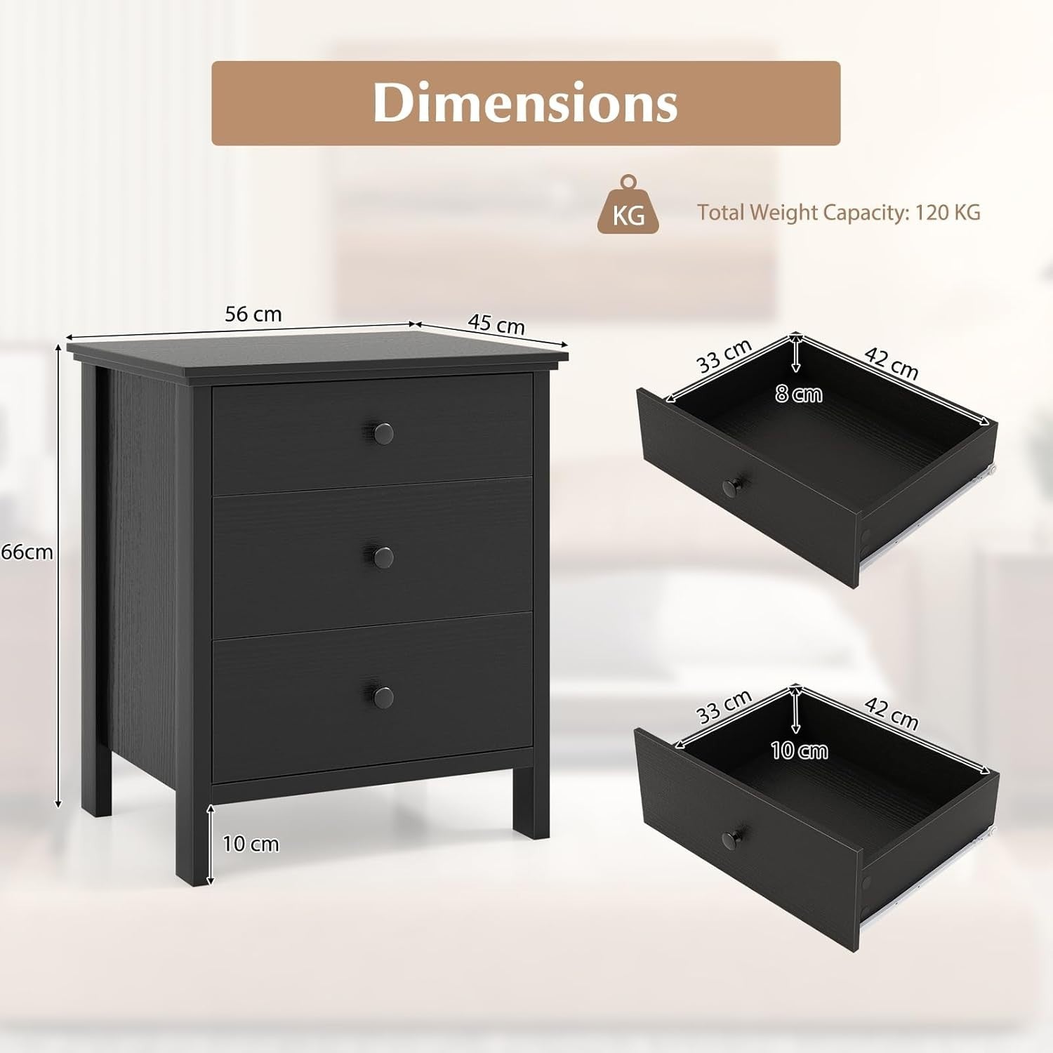 Modern Black 3 Drawer Bedside Table | Wooden Nightstand with Storage Drawers