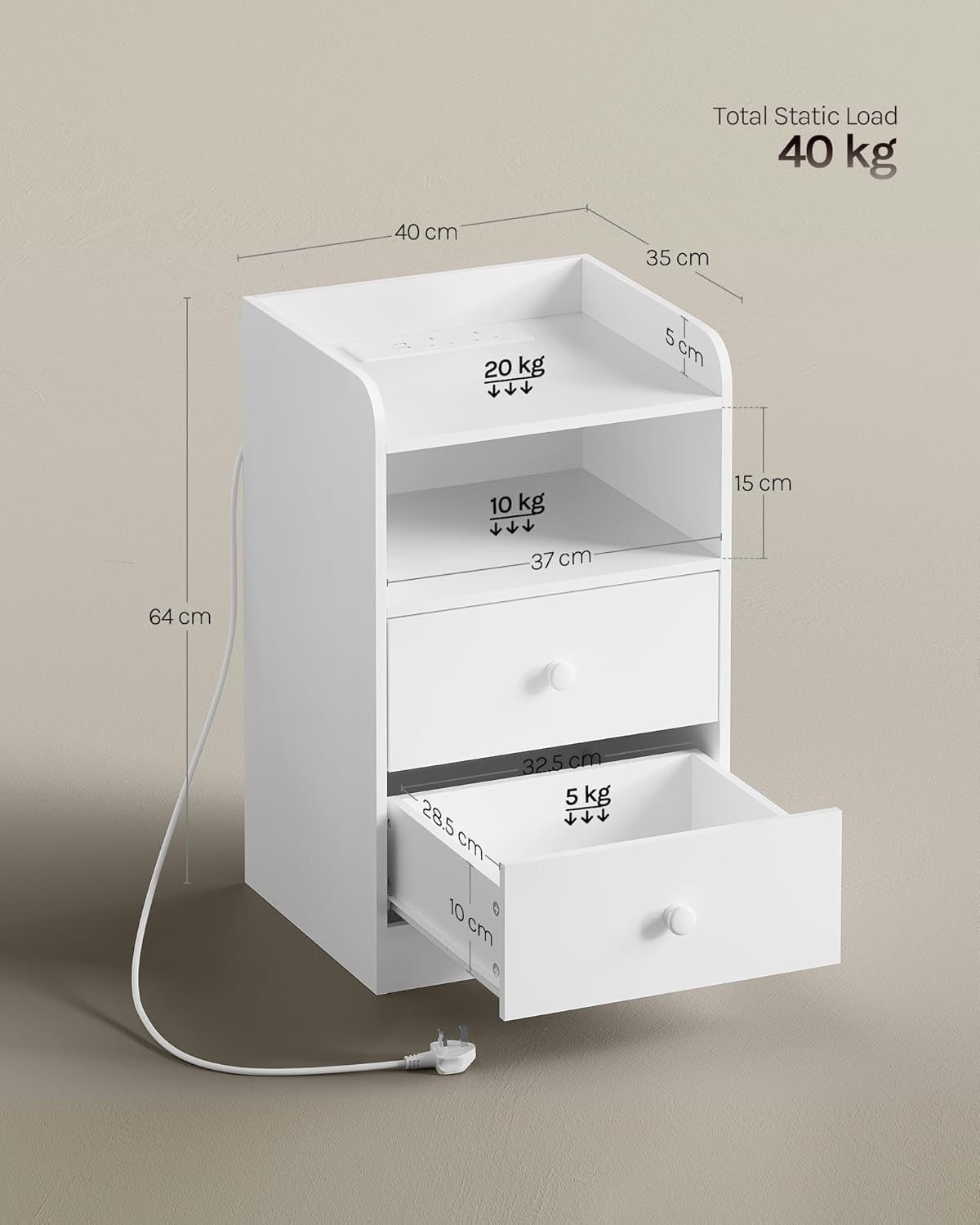 Set of 2 Smart Bedside Tables with USB Ports, LED Lights & 2 Drawers, White