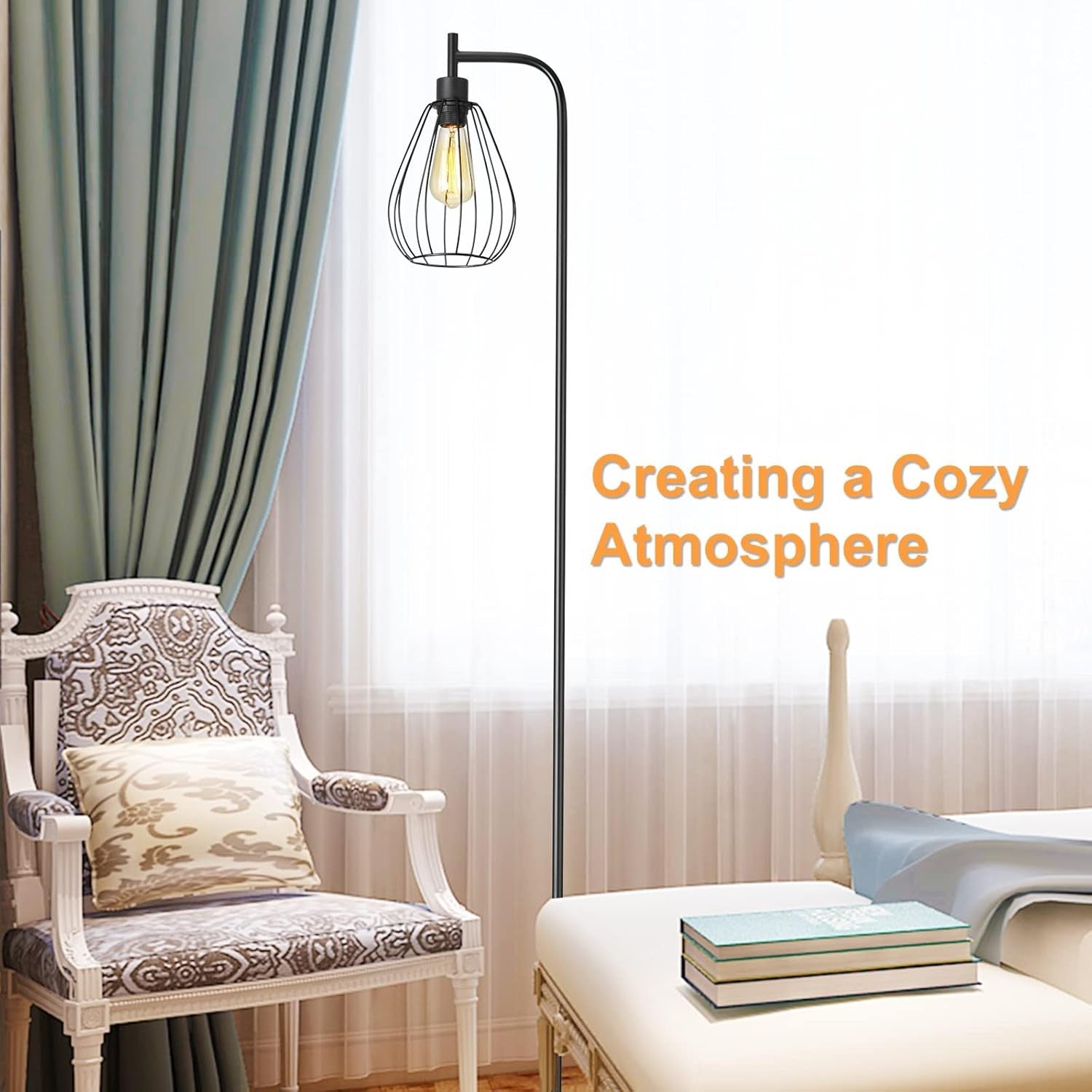 Industrial Floor Lamp Tall Standing Light Metal Cage Shade Pedal Switch