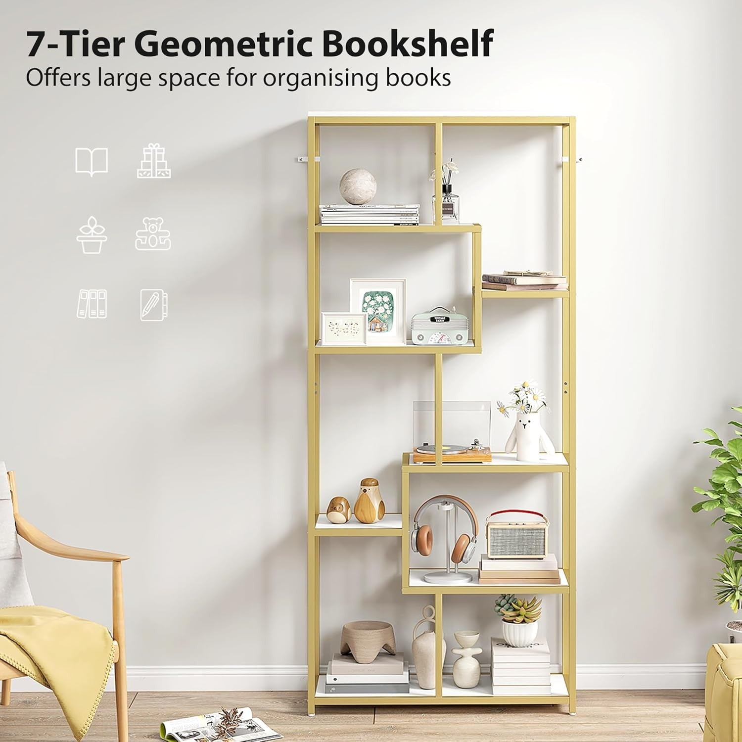 7-Tier Gold Geometric Bookcase | Modern Display Shelf Unit for Living Room & Off