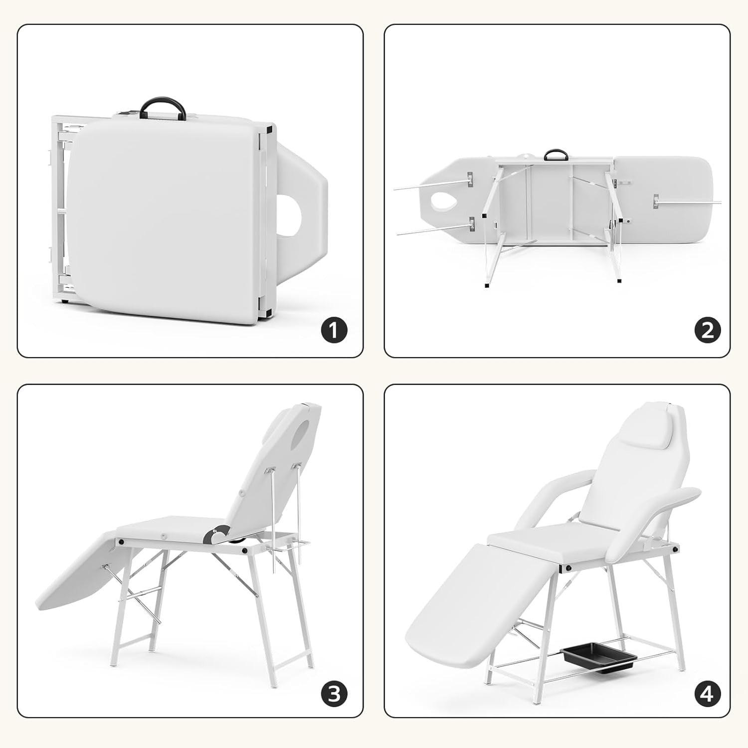 Portable 3-Section Massage Table Folding Beauty Spa Bed w/ Storage Tray White