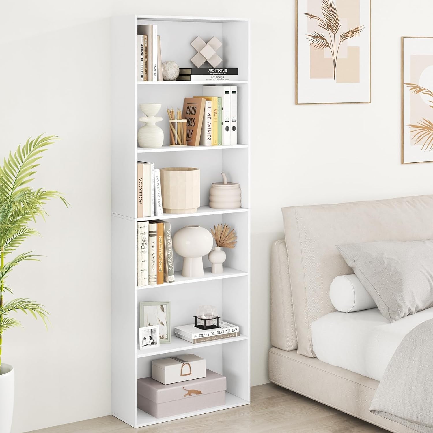 Tall White 6-Tier Bookshelf Storage Unit Modern Display Shelving for Home