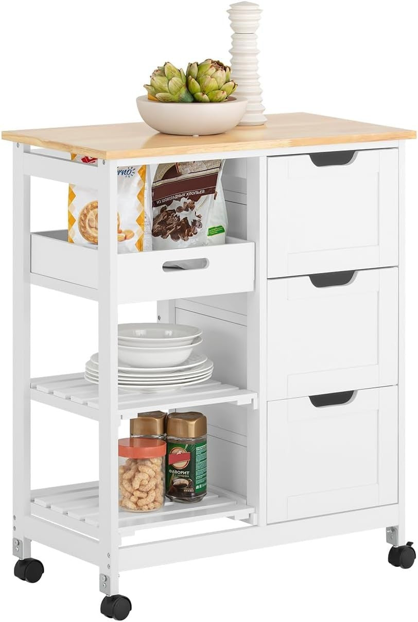Kitchen Island Trolley with 3 Drawers & Removable Tray White 67x37cm
