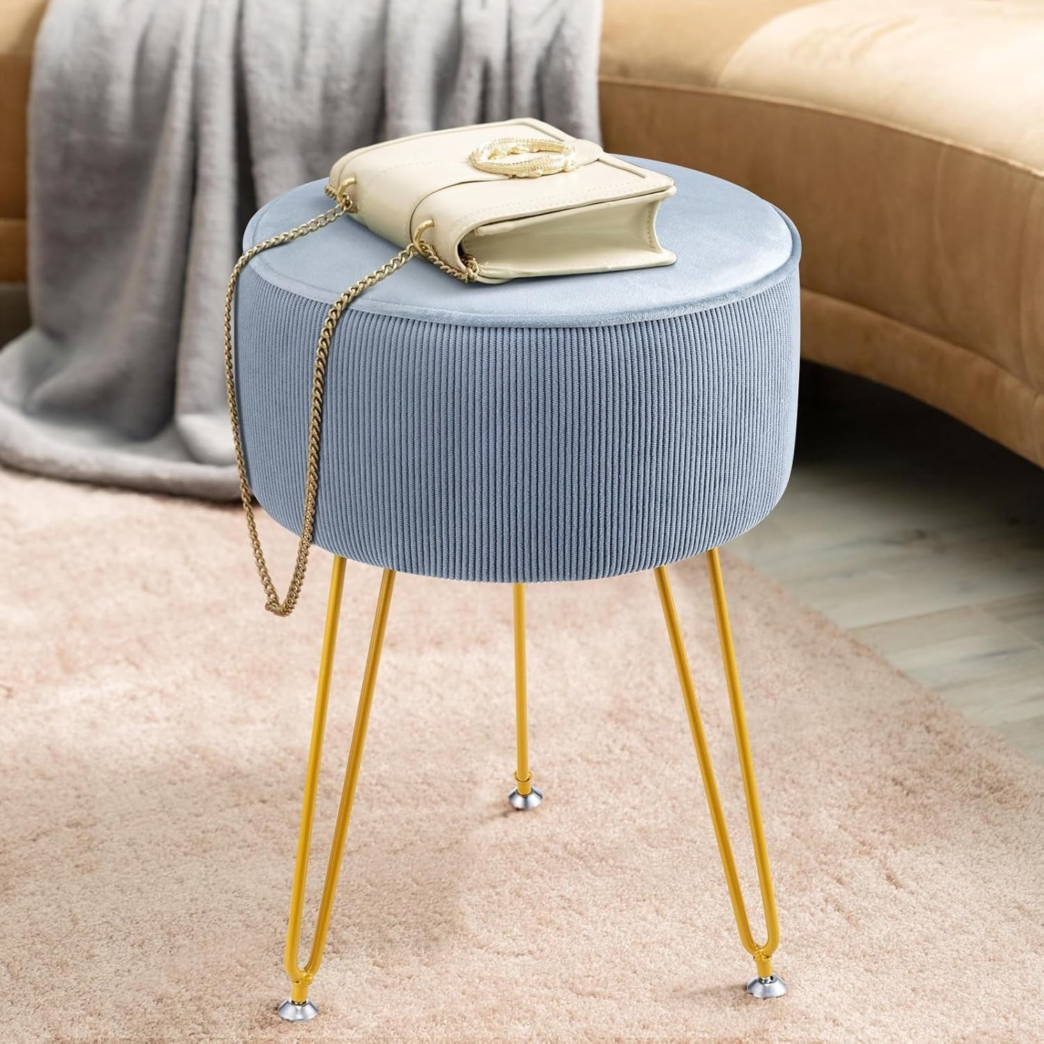 Blue Round Velvet Dressing Table Stool – Padded Vanity Seat with Golden Legs