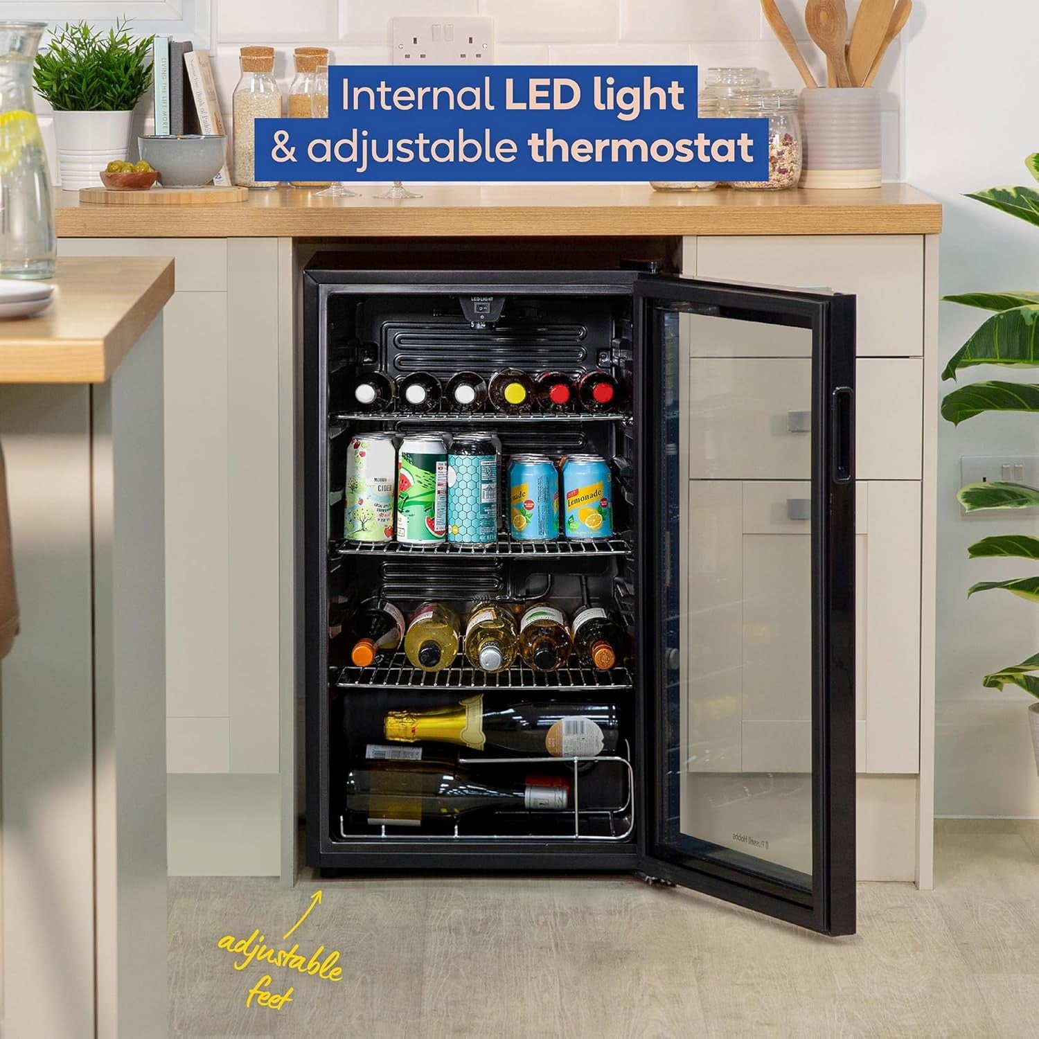 Under Counter Drinks Fridge Glass Door LED Beverage Cooler 93L 48 Can Black