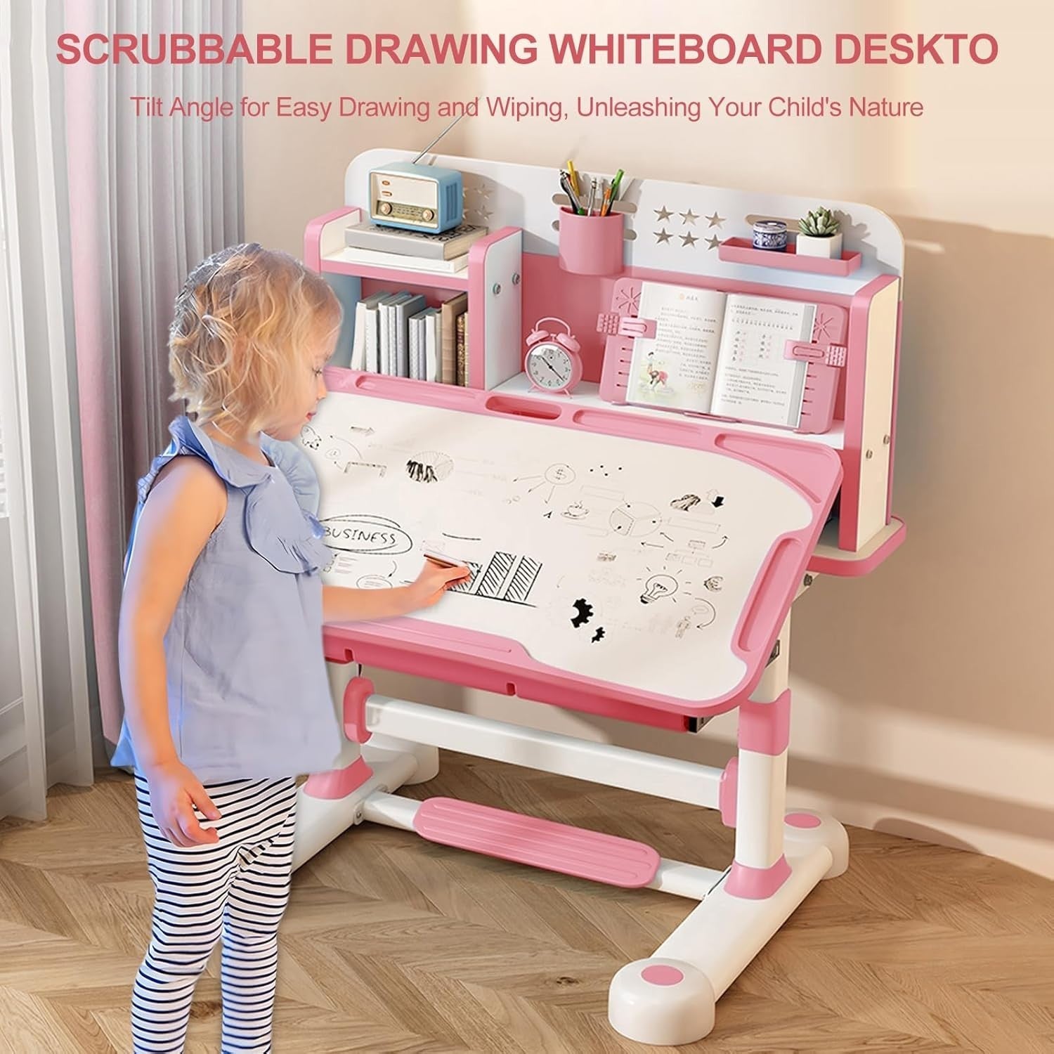 Adjustable Kids Desk & Chair Set with Tilt Top & Drawer – Pink Study Table