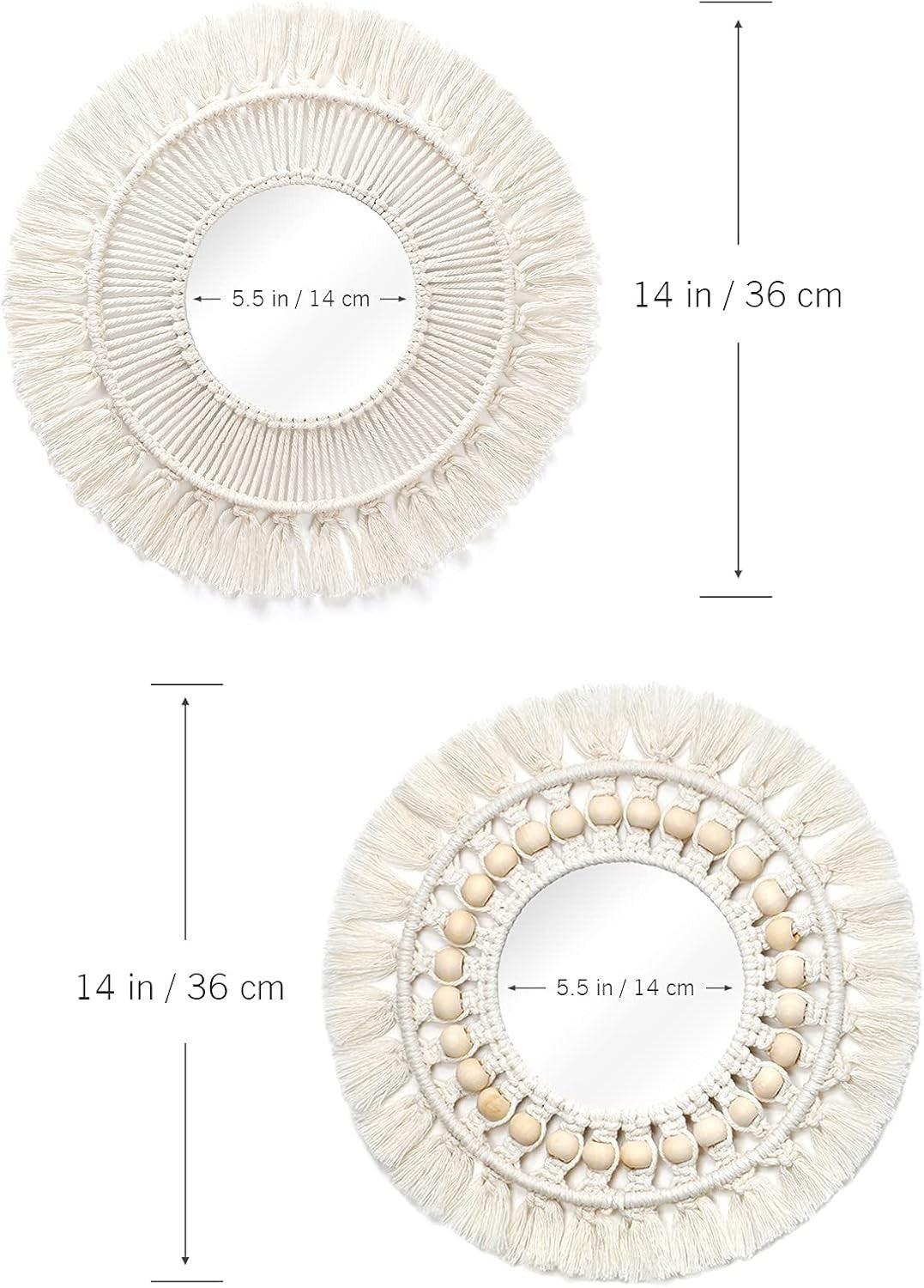 Round Boho Macrame Wall Mirror 36cm Fringe Bedroom Decor