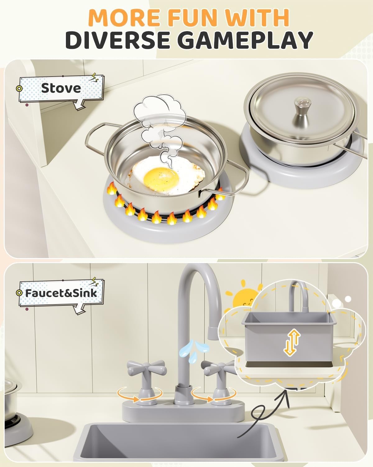 Wooden Kids Play Kitchen Cream Cooker Sink Toy Set w Storage & Clock