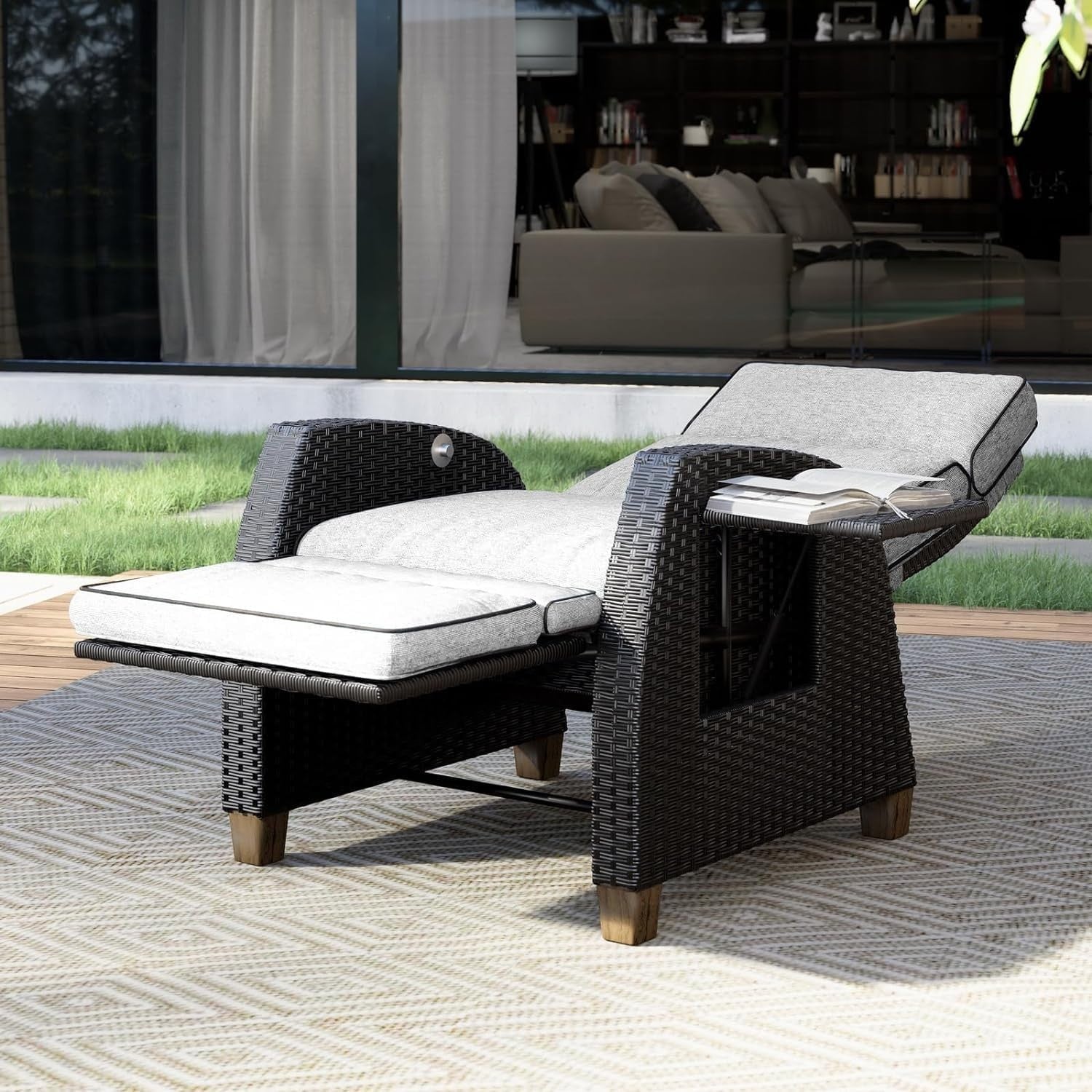 Adjustable Outdoor Recliner Wicker Patio Lounger with Flip Table Beige
