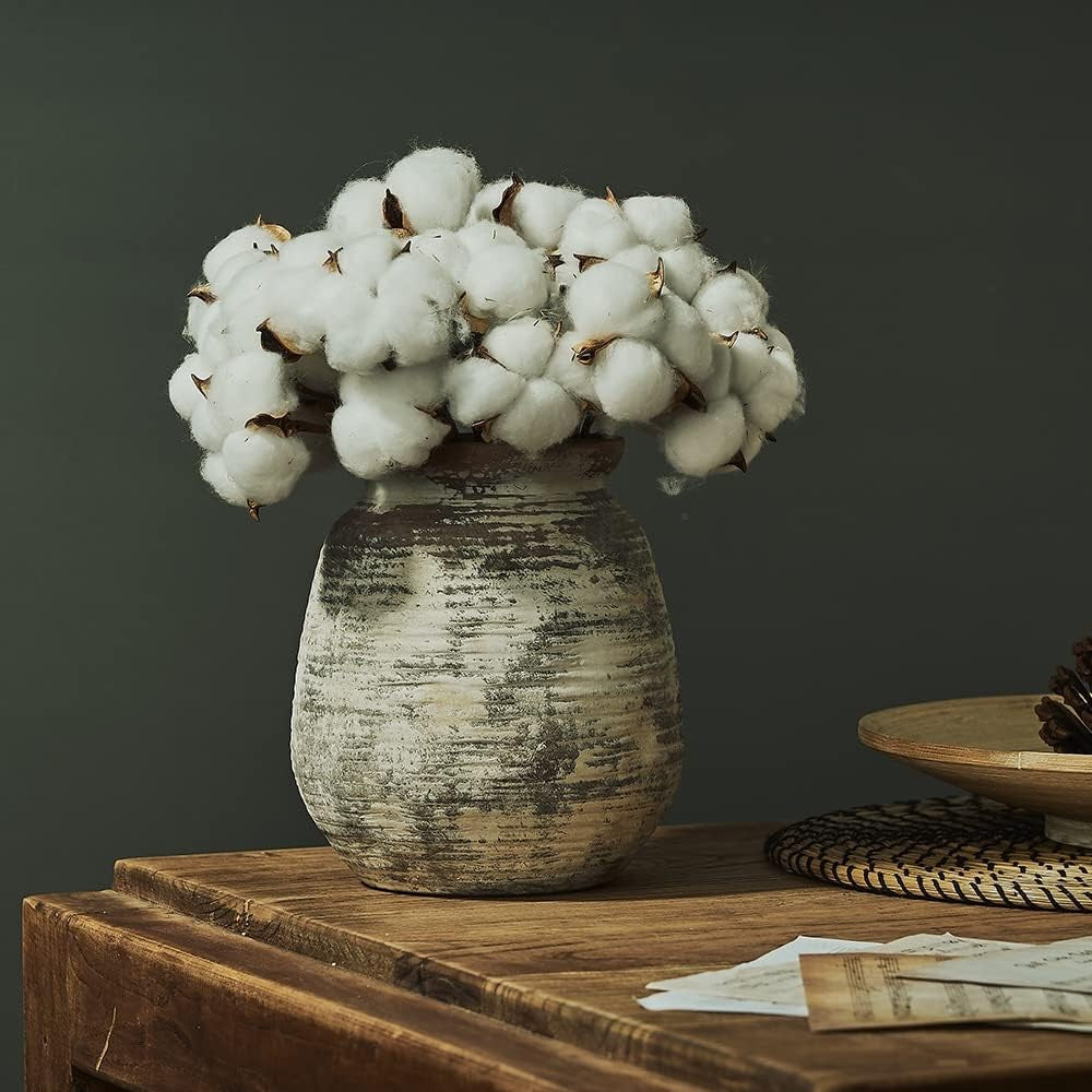 Rustic Terracotta Flower Vase 7.3in Whitewashed Ceramic Farmhouse Décor