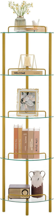 Gold Corner Shelf Unit – 5-Tier Glass Display Stand for Living Room & Bedroom