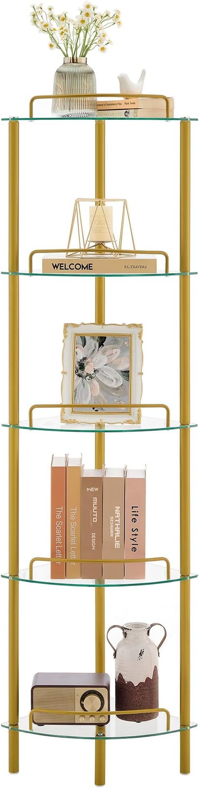 Gold Corner Shelf Unit – 5-Tier Glass Display Stand for Living Room & Bedroom