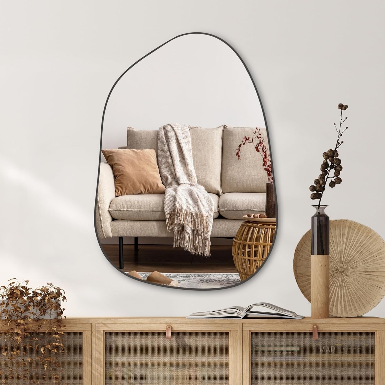 Modern Black Wall Mirror 69x48cm Irregular Vanity Mirror for Hallway