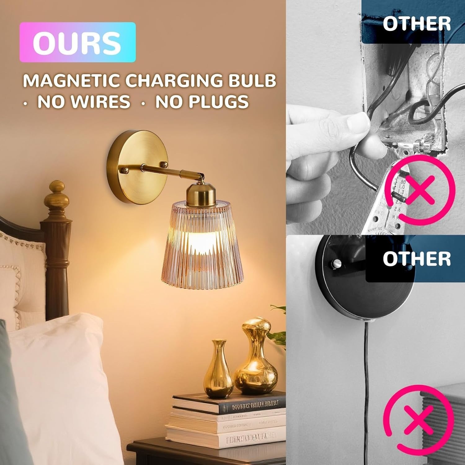 Vintage Amber Glass Battery Wall Sconce, Remote Control, Rechargeable LED