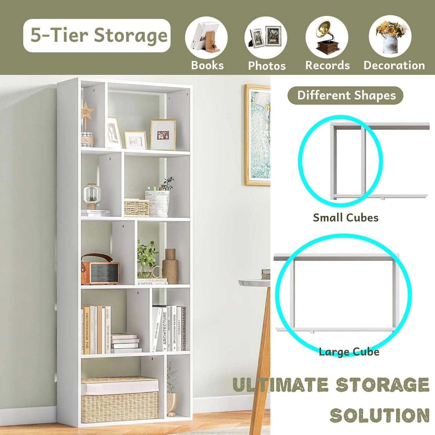Tall 5-Tier White Bookshelf with 10 Compartments Modern Storage Display Unit