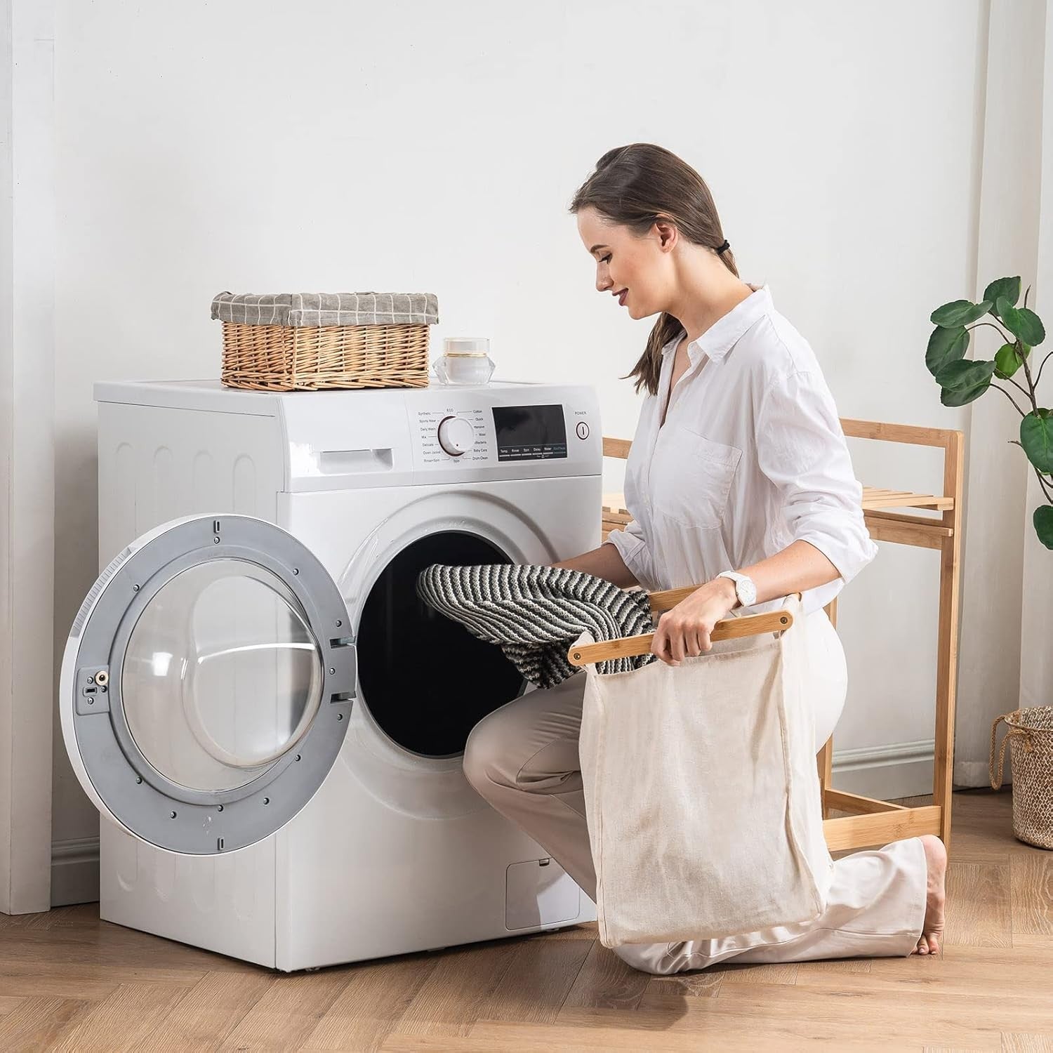 Bamboo Laundry Hamper with 2 Pull-Out Bags & Shelf Dual Laundry Sorter 73x64cm