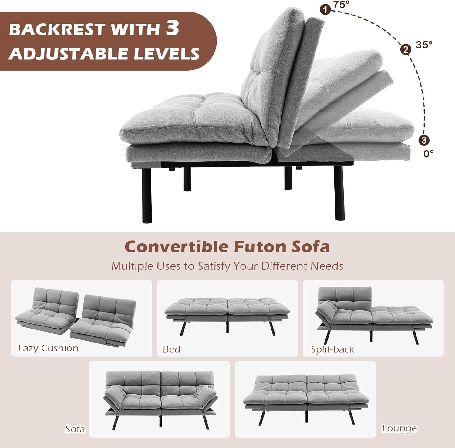 Grey Linen 2/3 Seater Sofa Bed Click Clack Recliner Adjustable Armrests