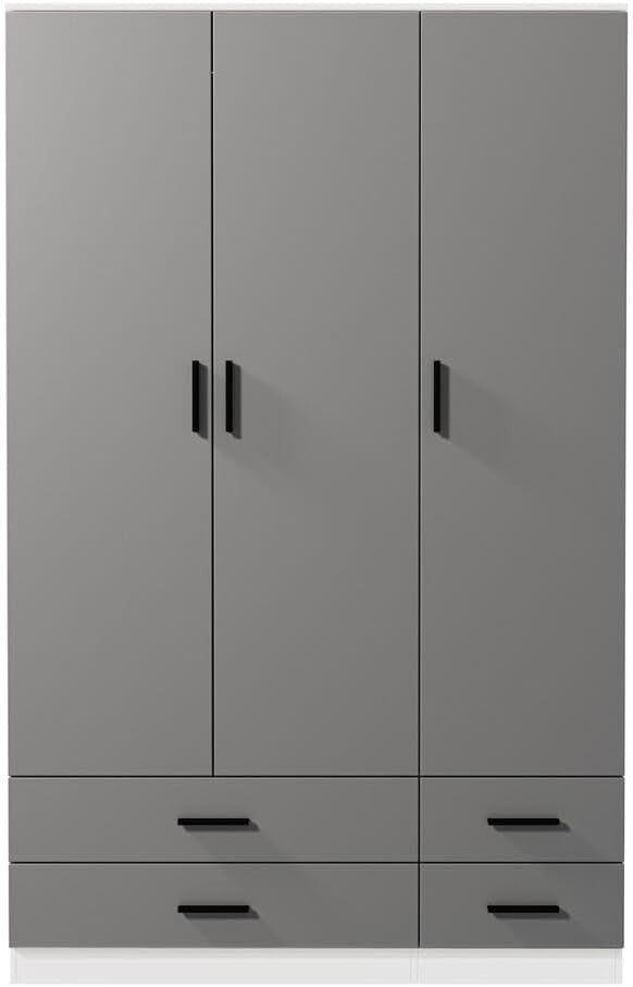 White Grey 3 Door Wardrobe with 4 Drawers Hanging Rail Bedroom Storage