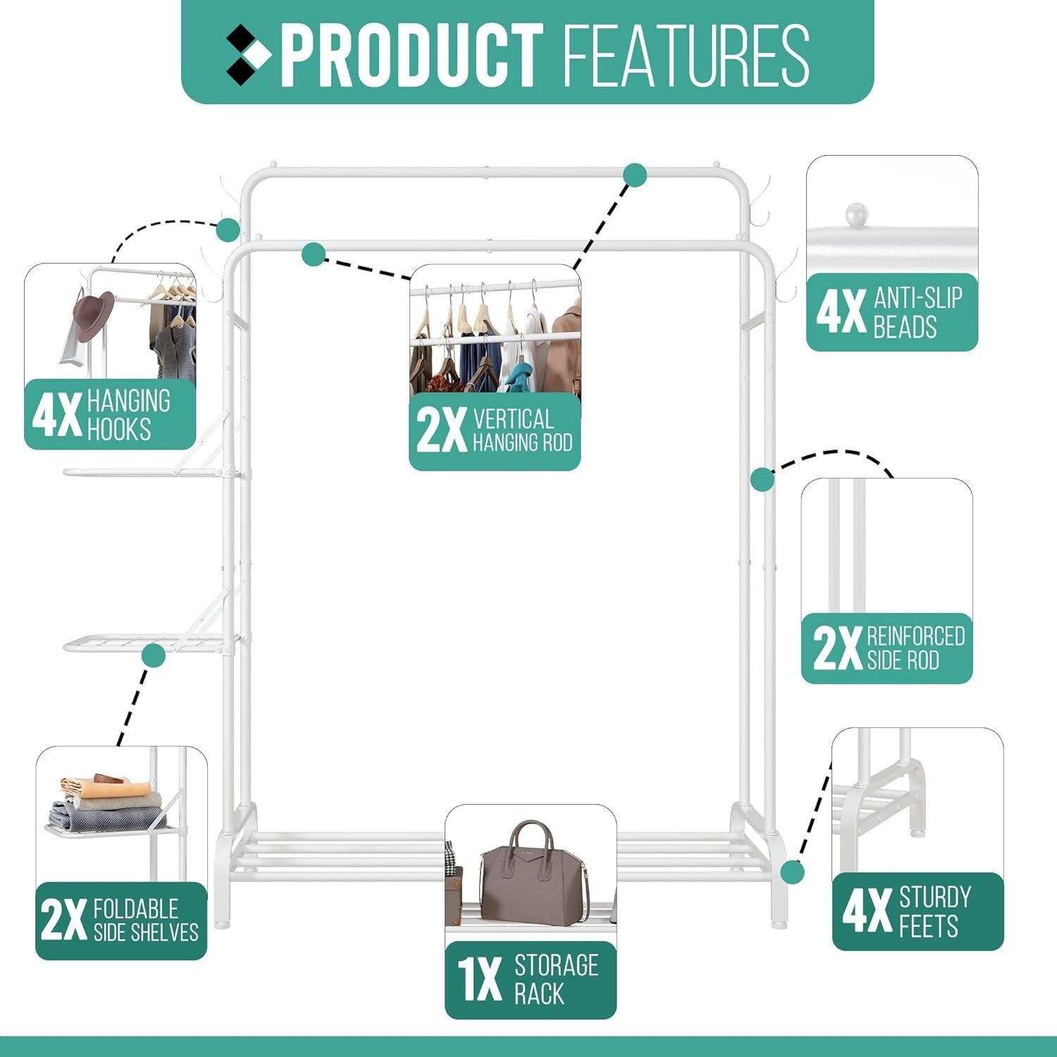 White Heavy Duty Clothes Rail 100KG Rack With Folding Shelves & Hooks