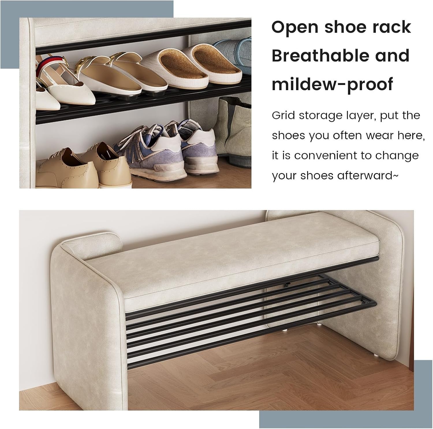 Beige 2-Tier Entryway Shoe Bench with Padded Cushion – 47.24" Modern Storage