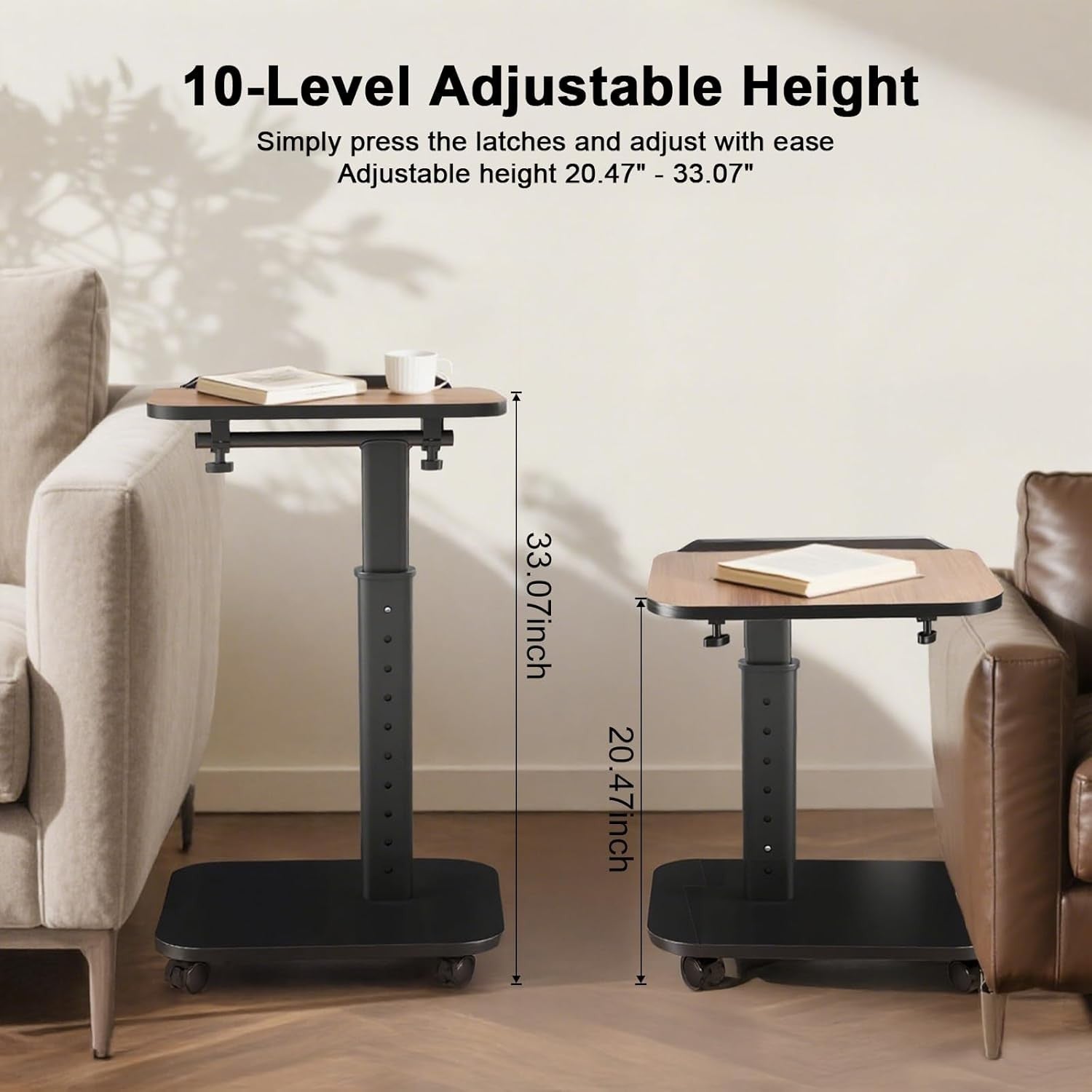 C Shaped Adjustable Sofa Side Table Laptop Desk 180° Flip Top With Wheels