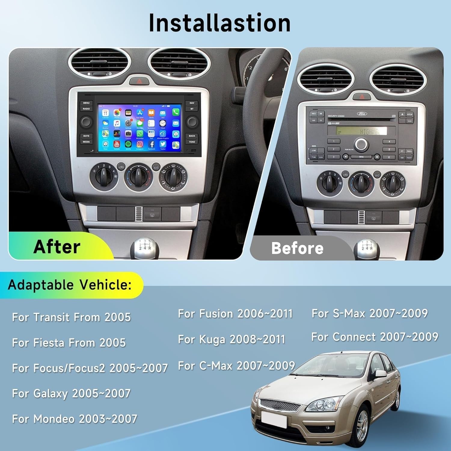 7" Android Car Stereo for Ford with GPS, Bluetooth, WiFi & Backup Camera