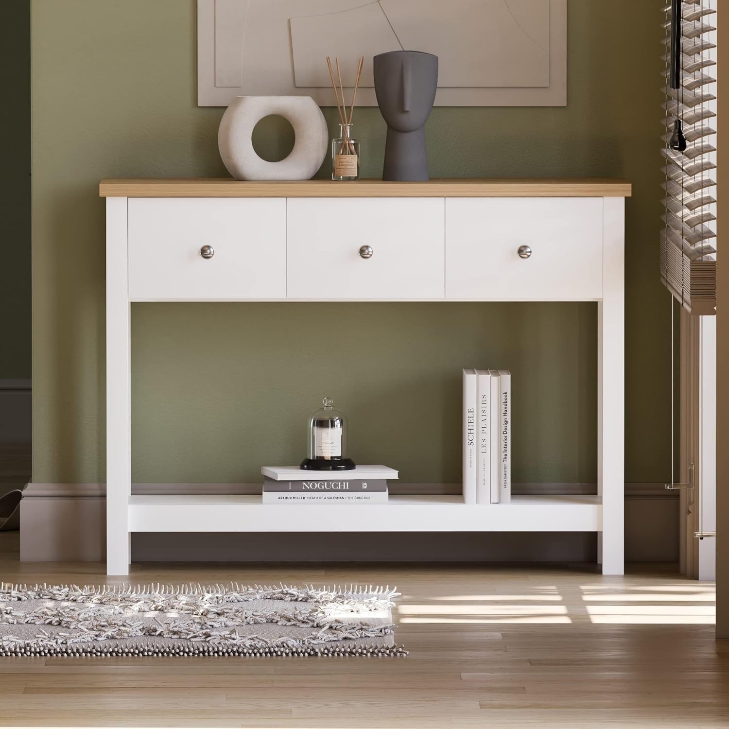 Modern White Console Table with 3 Drawers & Oak Top - Hallway Storage Shelf
