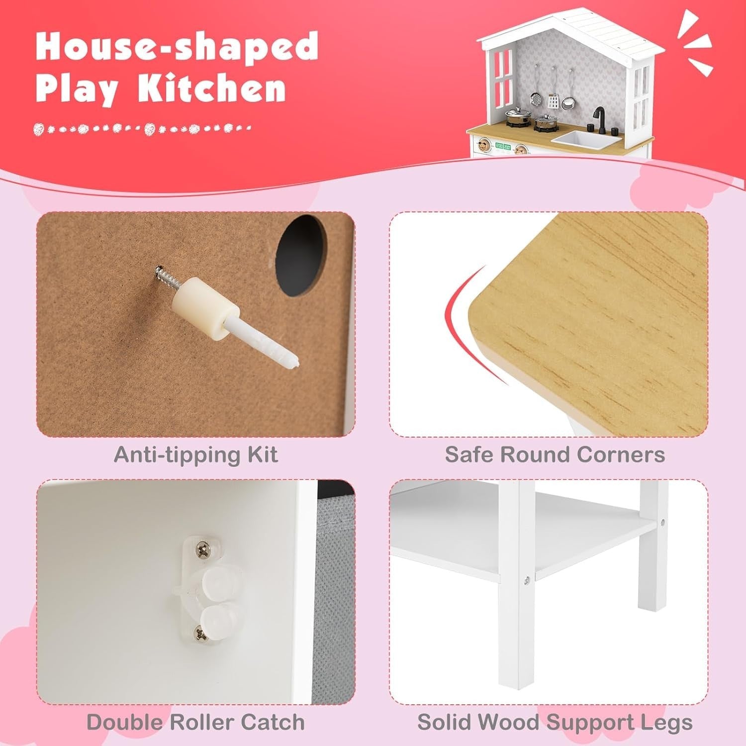 Wooden Kids Play Kitchen White Toy Set Sink Dishwasher Storage Stove