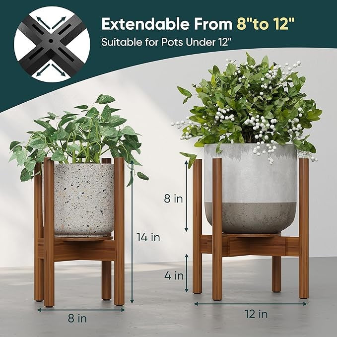 Adjustable Bamboo Plant Stand 2 Pack with Tray for Indoor Pots 20–30cm Walnut