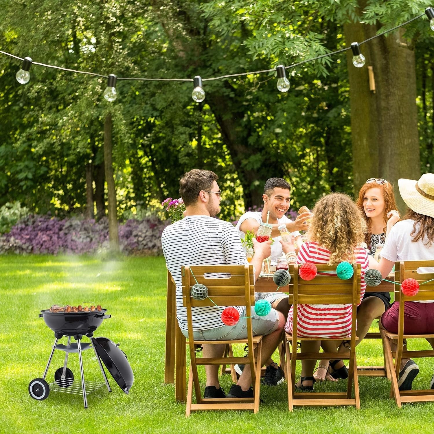 Portable Charcoal Kettle BBQ Grill 40cm with Lid & Wheels for Garden & Camping