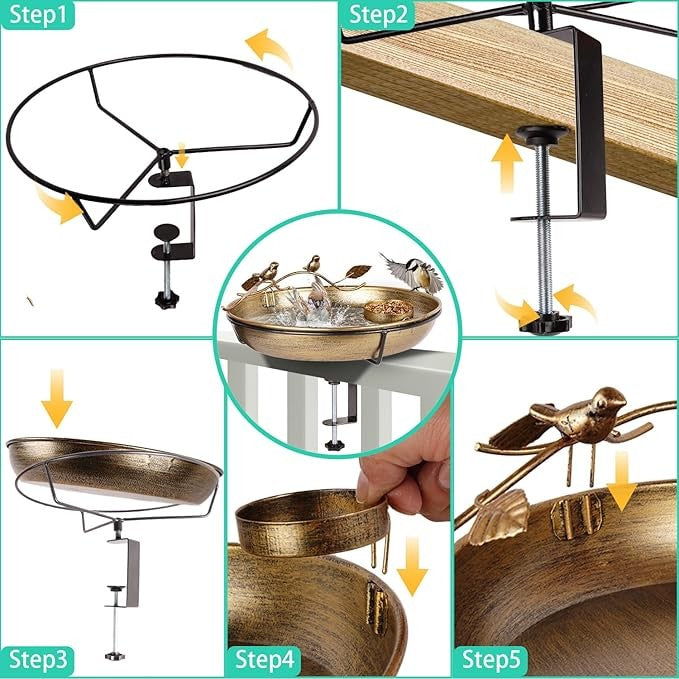 Metal Deck Mounted Bird Bath – Rustproof Outdoor Feeder Bowl with Clamp Stand