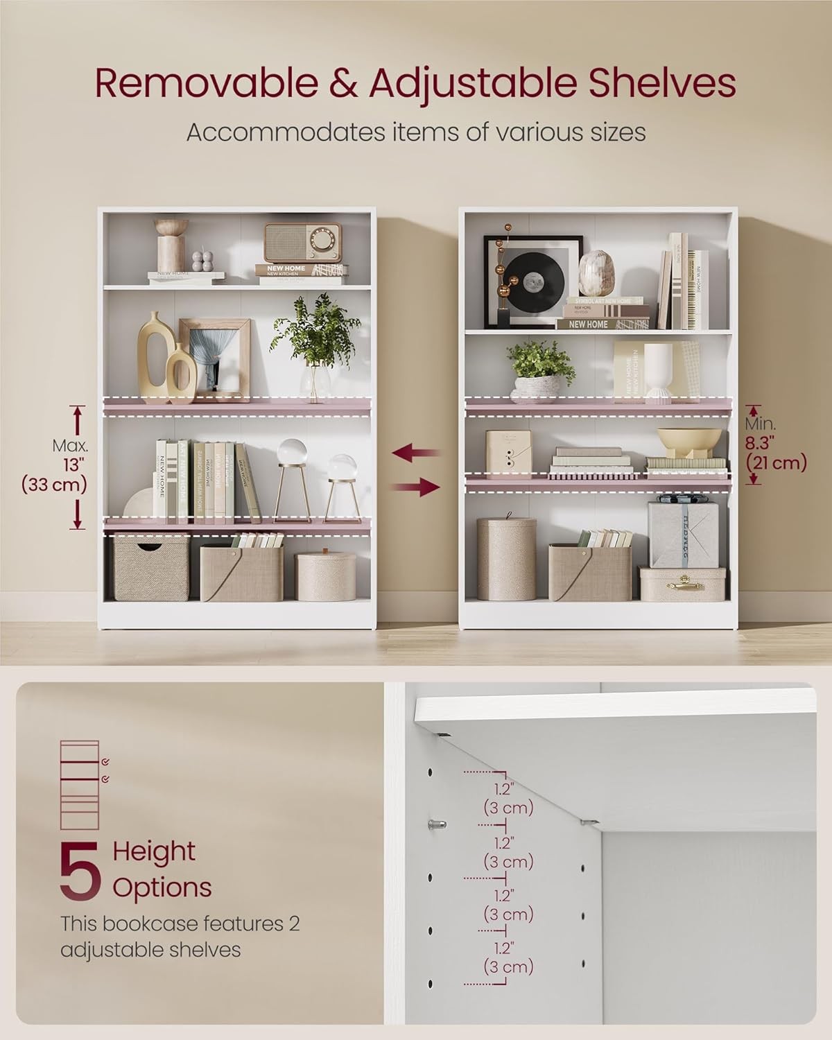 4-Tier White Bookcase 80cm Wide Adjustable Shelves Modern Storage Unit