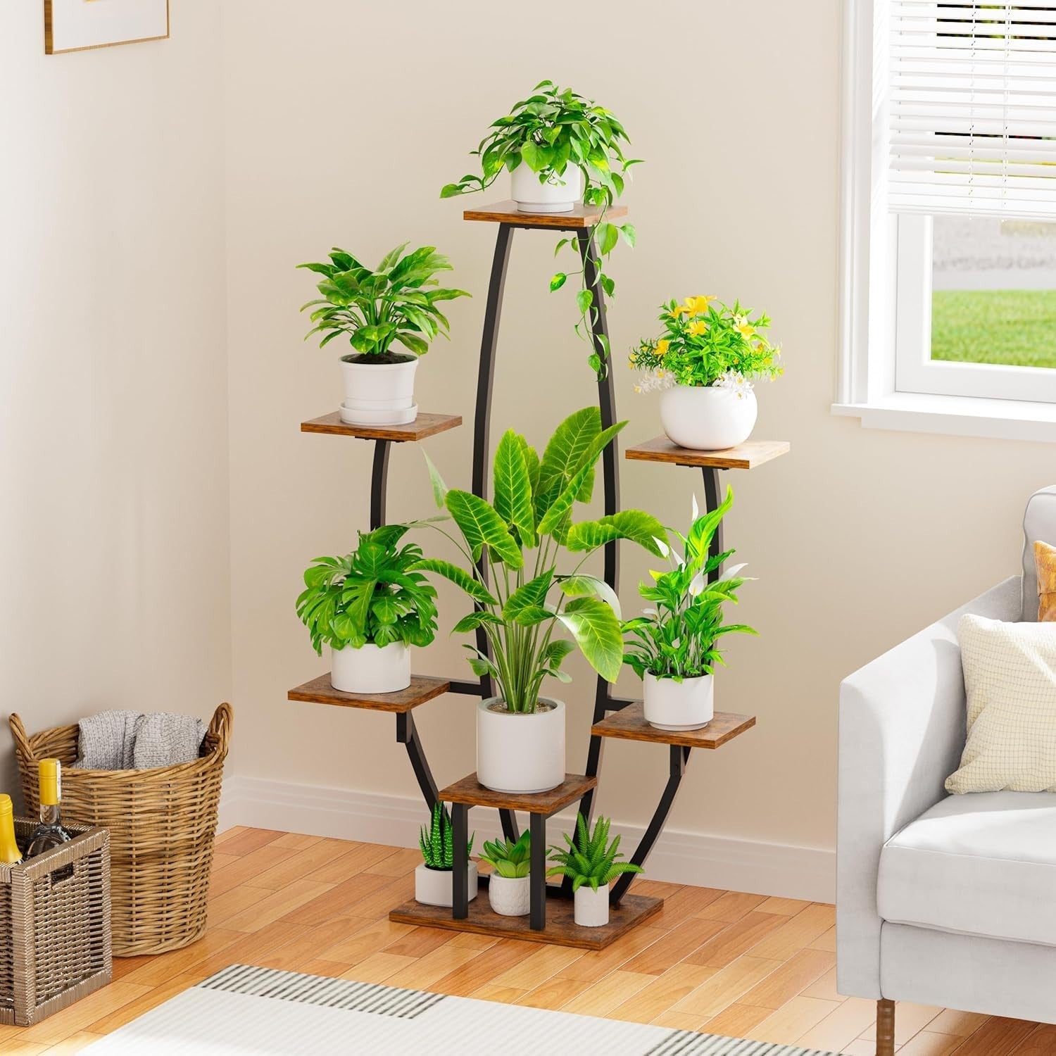 7-Tier Indoor Plant Stand with Grow Lights, Metal Corner Shelf Rack