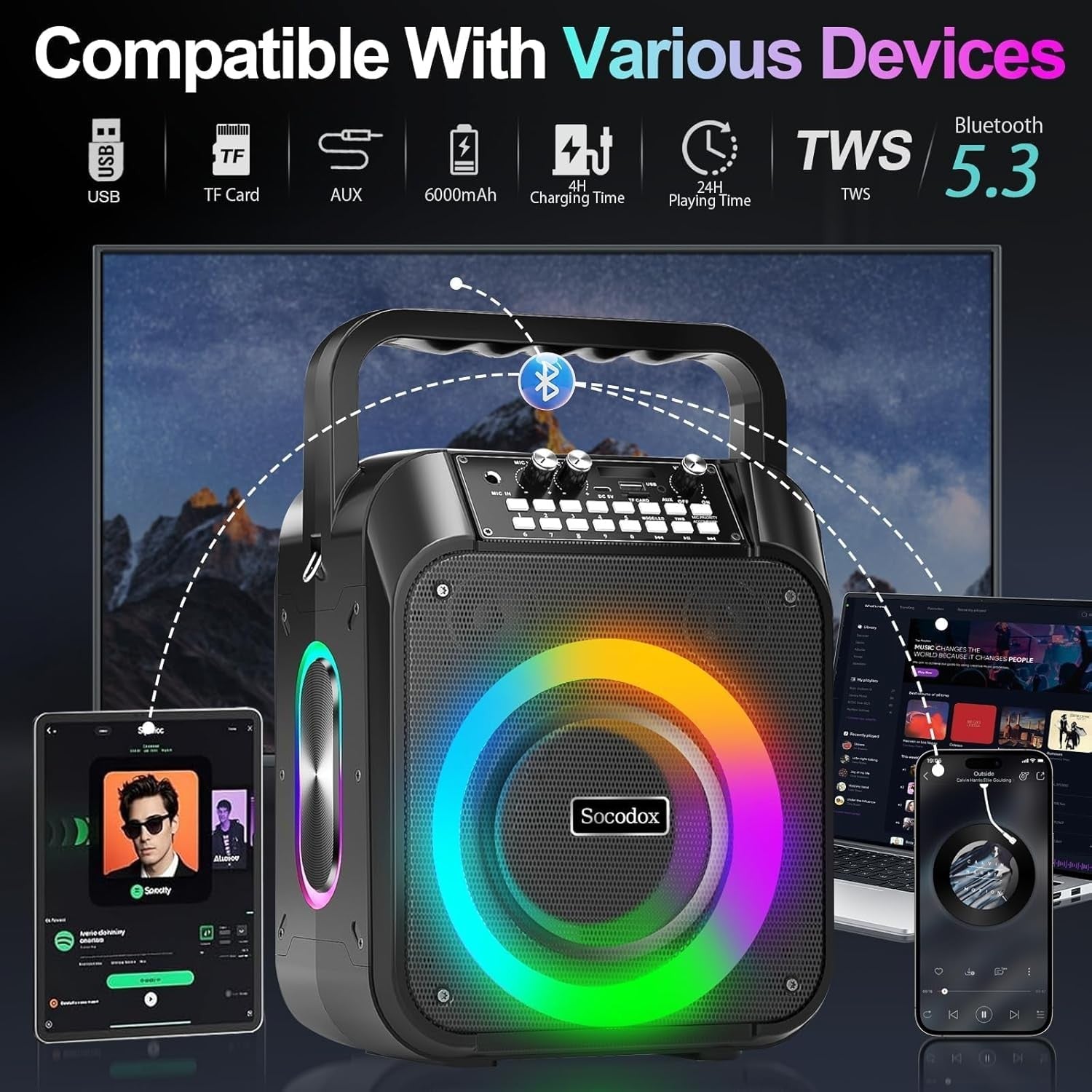 30W Karaoke Machine Black 2 Wireless Mics RGB Lights