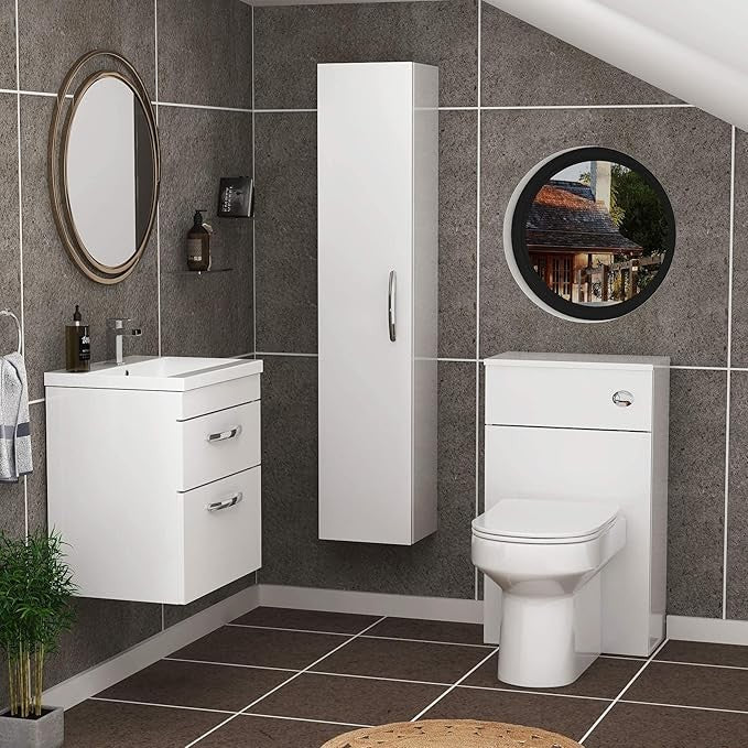 500mm Wall Hung White Gloss Vanity Unit – 2 Drawer Sink Cabinet with Basin