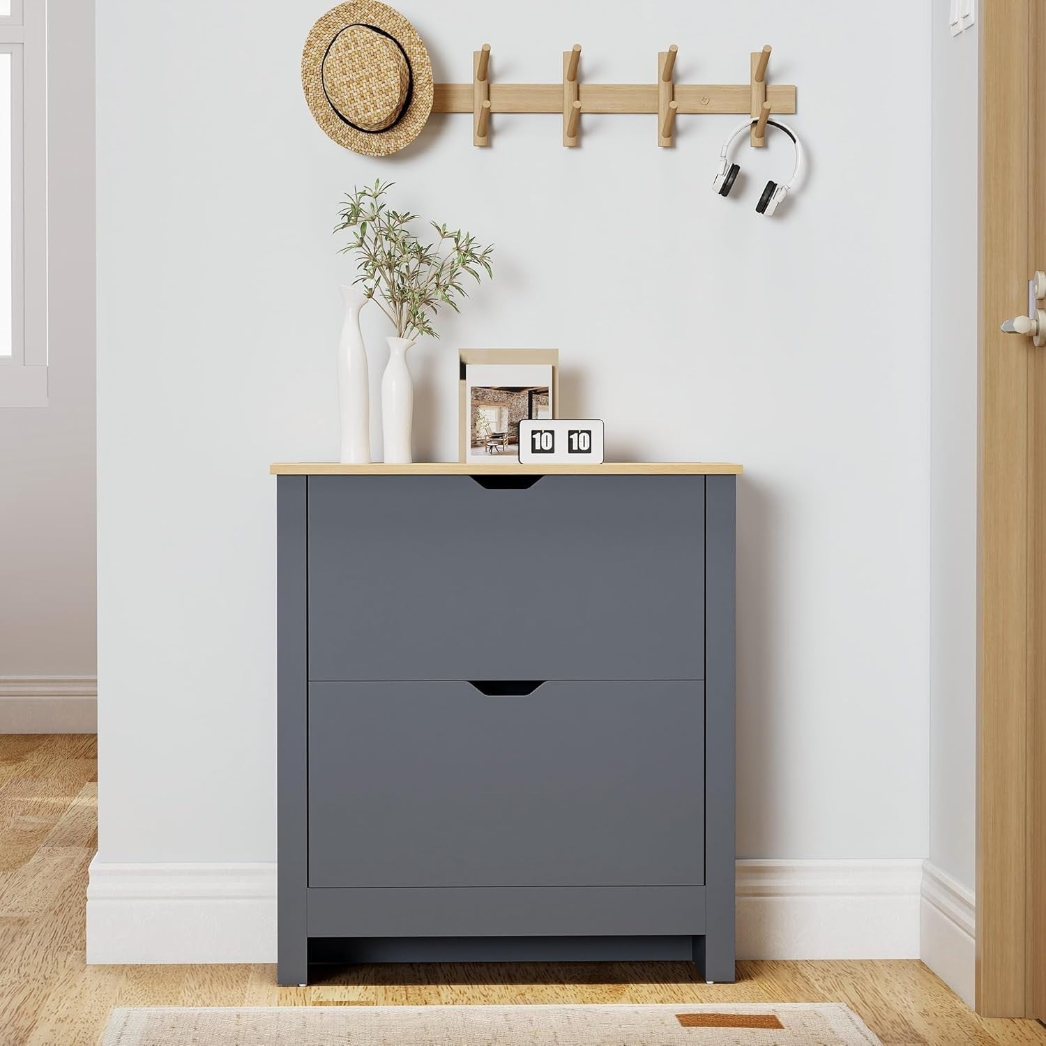 Space Saving Narrow Shoe Cabinet 2 Flip Drawers Adjustable Shelves Charcoal