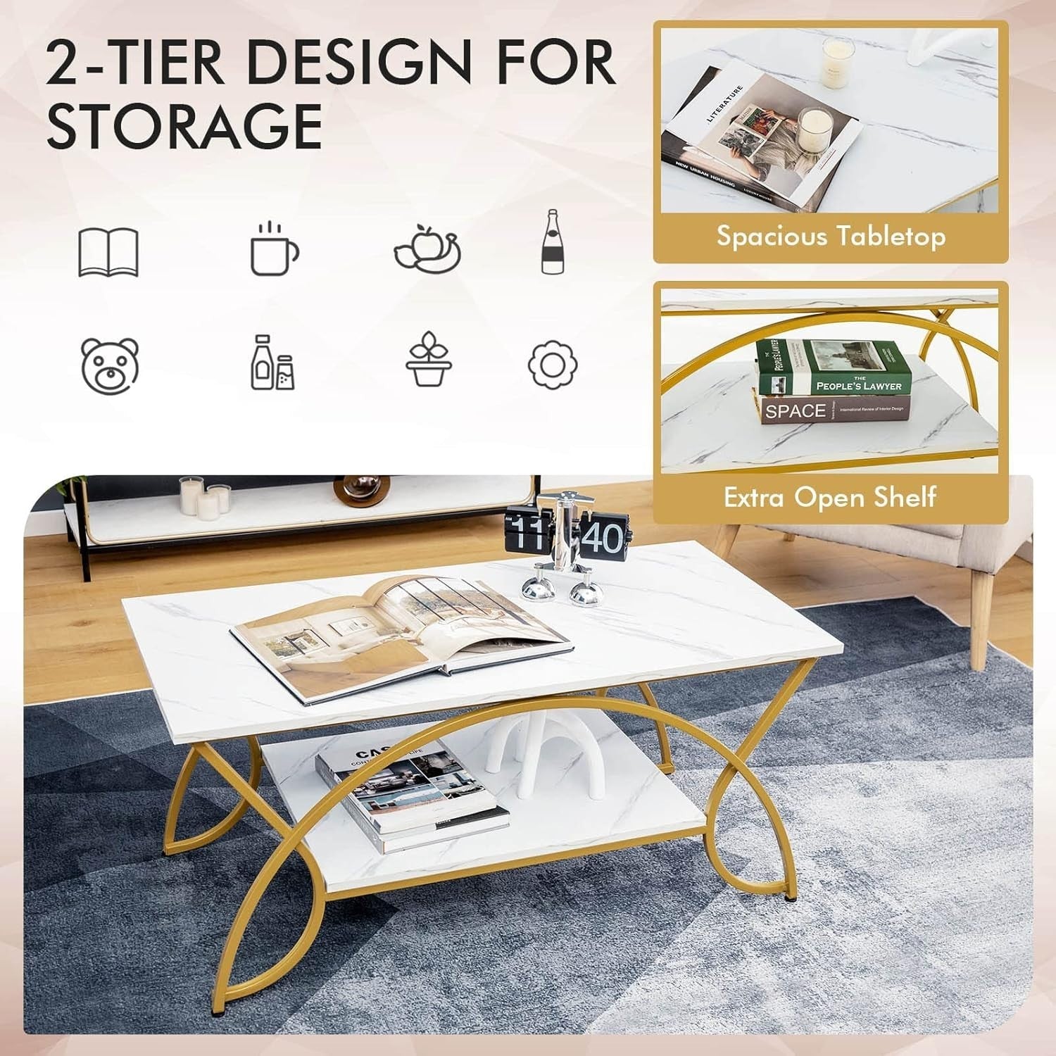 2-Tier Marble Coffee Table with Golden Frame – Rectangular Storage Shelf, 100x50